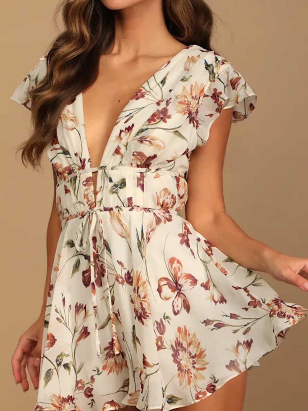 NWOT Lulu's Cream Floral V‑Neck Mini Dress with Rust and Green Accents